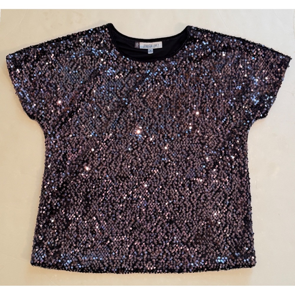 Jennifer Lopez Sequin Top Dark Purple Short Sleeve Party Blouse Medium Y2K Glam